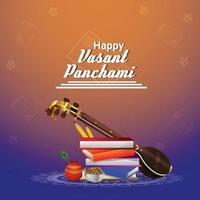 Vasant panchami creative background with veena and books vector