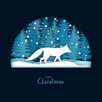 Christmas card with a running white fox in the forest. Greeting card template in paper cut craft style. vector