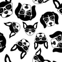 Seamless pattern of cute dog faces. French Bulldog, Beagle and Chihuahua. Black white vector illustration.