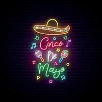 Cinco de Mayo neon signboard. Mexico greeting banner. Bright sombrero illustration. vector