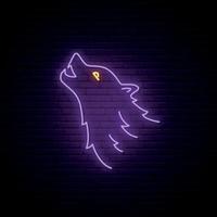 Wolf head neon sign. Purple wild wolf bright emblem. Vector illustration in neon style.