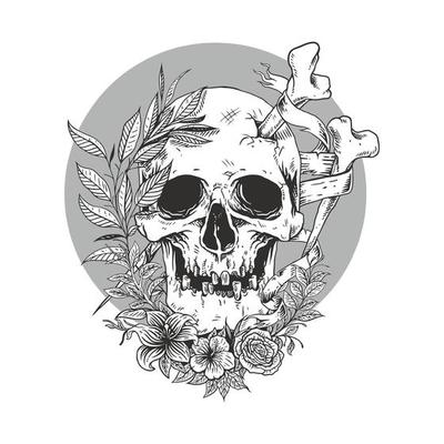 skull line sketch with flower.premium vector