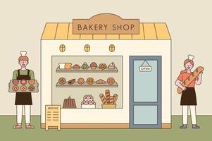 A bread shop and a baker character with delicious bread. Man and woman bakers greet in front of the bakery with bread. vector