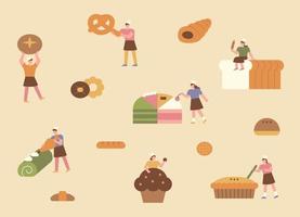 delicioso pan y pequeño panadero. simples personajes panaderos están haciendo pan grande. composición del patrón. vector