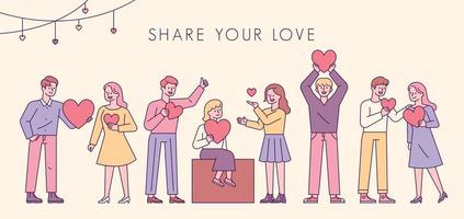 Share your love. People are standing in a line with hearts in their hands. vector