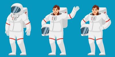 astronauta femenina en diferentes poses. vector