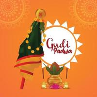 Happy gudi padwa event greeting card with creative kalash vector