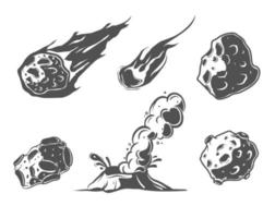 Meteors collection with falling comets. Asteroids, volcano. Crater in cartoon style. vector