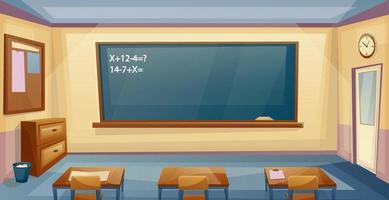 School Classroom Interior with desk and board. Lesson. University furniture, table, sofa and books. Vector cartoon