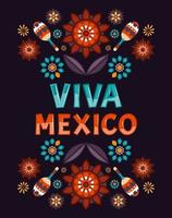 Viva Mexico. Colorful Mexican flowers, patterns and ornamert and chilli peppers. Vector illustration