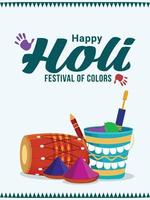 Happy holi indian festival greeting card with powder mud pot and colored paint vector