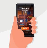 Online digital library app. Bookshelves with books on smartphone screen. Bookcase on phone online. vector