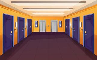 Corridor in hotel, empty hostel hallway interior with elevator and closed doors. Motel hall background. vector