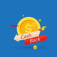 vector cash back icon with coins and wallet isolated on blue background. cashback or money refund label