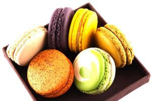 Colorful macaroons in a brown box photo