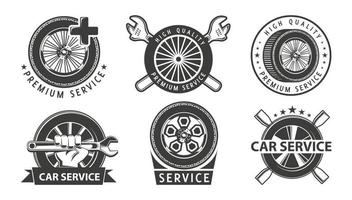 Los trabajos de mantenimiento. servicio, reparación conjunto de etiquetas o logotipos. alta calidad. martillo, llave inglesa, arandela, elementos de destornillador en el logotipo. signo monocromo. vector