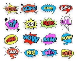 Comic speech bubble set with text with Wow, Bang, Omg, Boom, Yeah, Pow, Zap. Vector cartoon explosions.