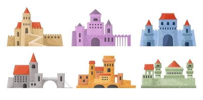 conjunto de torres de castillo. palacio medieval en estilo de dibujos animados. colección de edificios de fortalezas en vector. vector