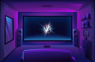 Home theater with big music speakers. Game room interior. Night apartment. Big TV screen. Vector illustration.