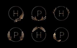 Luxury logos set with golden leaves and round line. Vector illustration design