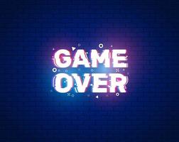 banner de game over para juegos con efecto de falla. luz de neón en el texto. diseño de ilustración vectorial. vector