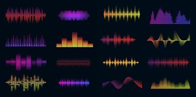 Music sound waves big colorful set. Music audio collection. Console panel. Electronic radio signal. Equalizer. vector