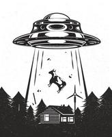 UFO poster vintage. Aliens abduct a cow from a farm. House with windmill mill in forest. Black and white design. Vector illustration.