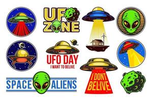 Big Aliens logo set. Ufo Day. Colorful badges with spaceships. Vector design