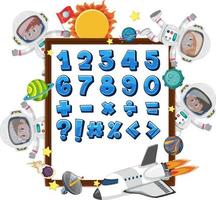 Number 0 to 9 and math symbols on banner with many kids in outer space theme vector