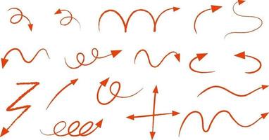 Different types of orange hand drawn curved arrows on white background vector