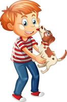 Boy playing with a dog isolated on white background vector