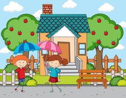 Front of house scene with two kids holding umbrella vector