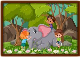 Niños felices jugando con foto de elefante en un marco vector