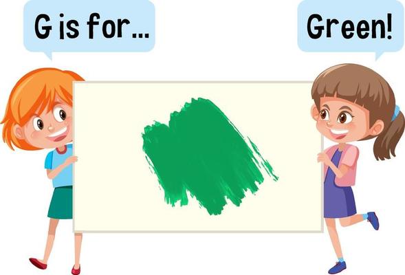 Cartoon character of two kids holding colour vocabulary banner