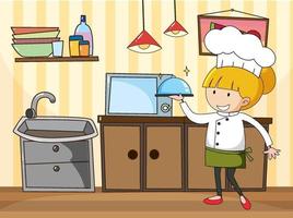 Little chef in the kitchen scene with equipments vector