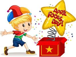 A boy wearing jester hat with April Fool's Day font from surprise box vector