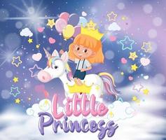 Little girl riding pegasus with little princess font in the pastel sky vector