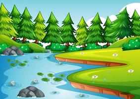 Park scene with lake and many pines vector