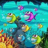 Angler fishes cartoon character in the underwater scene with corals vector