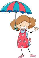 linda chica sosteniendo paraguas doodle personaje de dibujos animados aislado vector