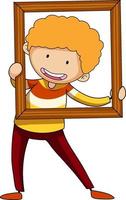 A boy holding wooden picture frame doodle cartoon character vector