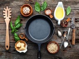 Frying pan with fresh ingredients photo