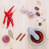 Assortment of spices on wood photo