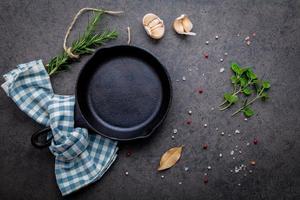 Frying pan and fresh herbs photo