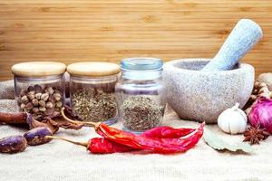 Assortment of spices with a mortar photo