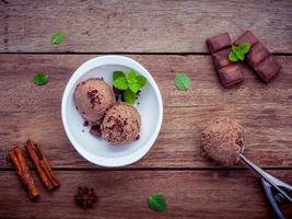 Chocolate ice cream in a white bowl photo