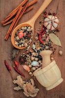 Spices with a wooden mortar and spoon photo