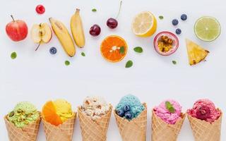 Top view of fresh fruit and ice cream photo