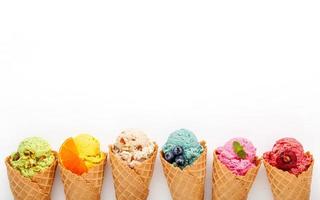 Ice cream cones with copy space on white photo
