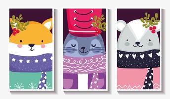 Merry Christmas card set with cute winter animals vector